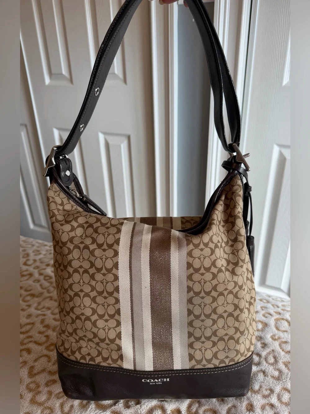 Coach Legacy Brown Beige Hobo Signature C  Leather Trim Bag